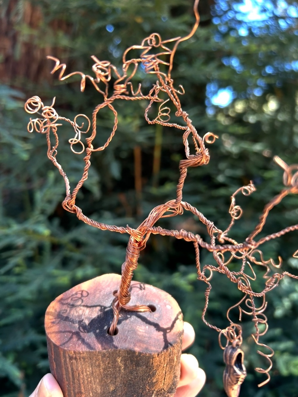 Handcrafted Copper Wire Tree Sculpture on Wooden Base - Copper Finish
